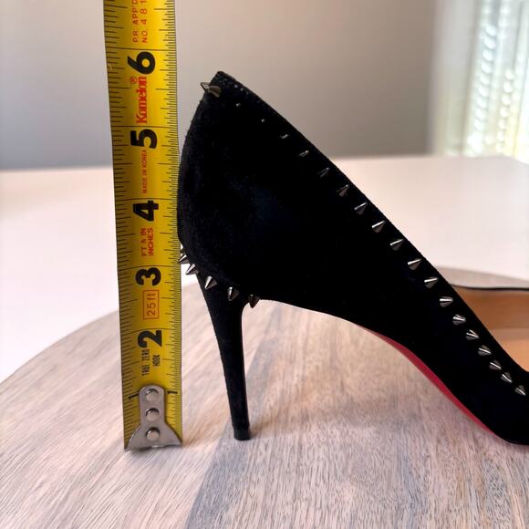 Christian Louboutin Follies Spikes 100 Pumps Black Suede Red Sole Heels Size 8.5 - Picture 12 of 15